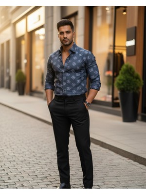 Yusgos Uzun Kollu Pamuklu Harf Desenli Regular Fit Erkek Gömlek