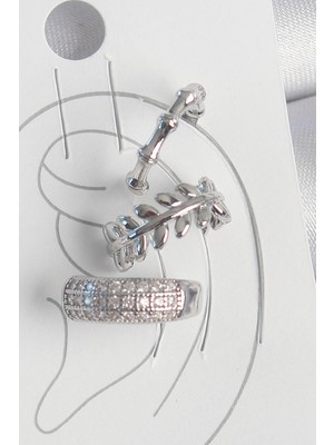 BT Teknik Pirinç Gümüş Renk Zirkon Taşlı 3'lü Model Yaprak Figür Kadın Kıkırdak Küpe