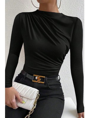Femina Trendy Kadın Siyah Belden ve Boyundan Büzgü Detaylı Uzun Kollu Bluz