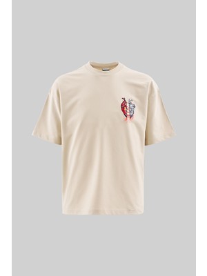 Machinist Erkek Heart Embroidery Oversi̇ze Ti̇şört Açık Bej