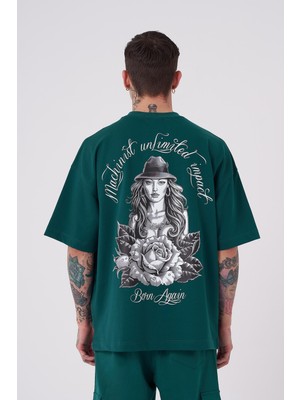 Machinist Erkek Rose Baskılı Oversize Tişört Yağ Yeşili