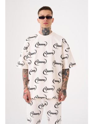 Machinist Erkek Nope Baskılı Oversize Tişört Optik Beyaz