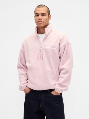 Gap Erkek Açık Pembe Sherpa Oversized Yarım Fermuarlı Logo Sweatshirt