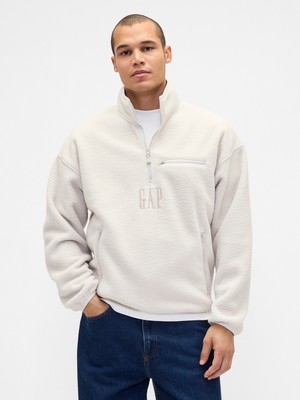 Gap Erkek Kırık Beyaz Sherpa Oversized Yarım Fermuarlı Logo Sweatshirt