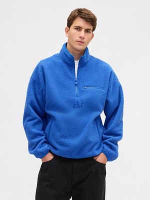 Gap Erkek Kobalt Mavisi Sherpa Oversized Yarım Fermuarlı Logo Sweatshirt