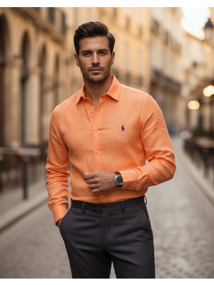 Yusgos Uzun Kollu Pamuklu Flamlı Keten Regular Fit Erkek Gömlek