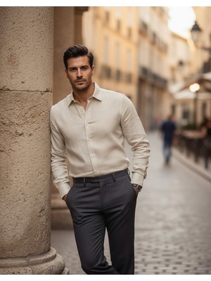 Yusgos Uzun Kollu Pamuklu Flamlı Keten Regular Fit Erkek Gömlek