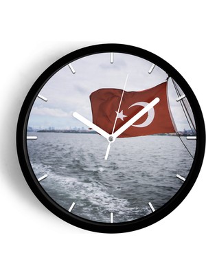 JHAAR Türk Bayrağı Modern Duvar Saati - Büyük L 35 cm - Siyah Kasa - Camlı Sessiz