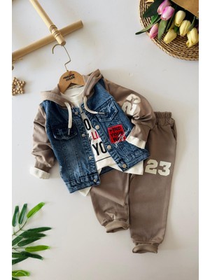 Miniğimin Cicileri Kapüşonlu Kot Detaylo 23 Baskı Erkek Çocuk 3 Lü Spor Takım - Kahverengi