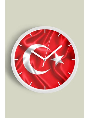 JHAAR Türk Bayrağı Temalı Dekoratif Modern Duvar Saati - 25cm - Önü Camlı Beyaz Kasa