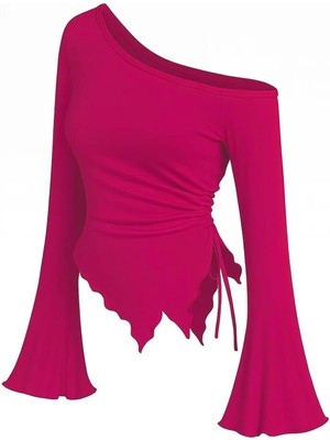 Femina Trendy Kadın Fuşya Uzun Ispanyol Kollu Asimetirik Yaka Yandan Bağlamalı Drapeli Bluz