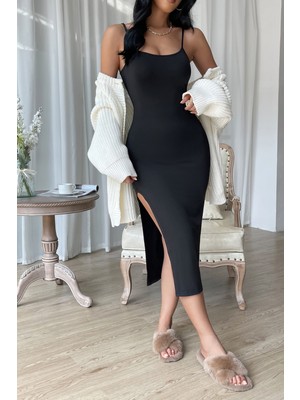 Femina Trendy Kadın Siyah Yırtmaçlı Diz Altı Vücüdu Saran Gecelik