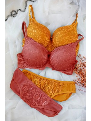 Femina Trendy Kadın Hardal ve Kiremit Rengi Dolgulu Balenli Sütyen Külot 2'li Paket