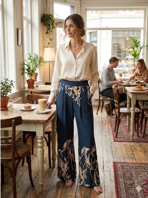 Evyora Kadın Yüksek Bel Yaprak Desenli Salaş Pantolon