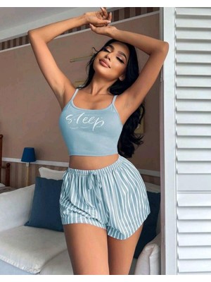 Femina Trendy Kadın Mavi Çizgili Desenli Askılı Şortlu Pijama Takım 5001