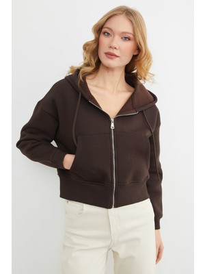 FullaModa Basic Fermuarlı Kapüşonlu Crop Sweatshirt