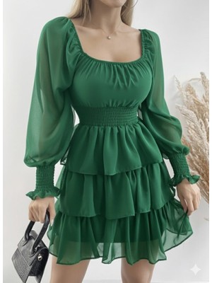 Buğrahayalin Kadın Uzun Kollu Kare Yaka Beli Lastikli Volanlı Şifon Elbise