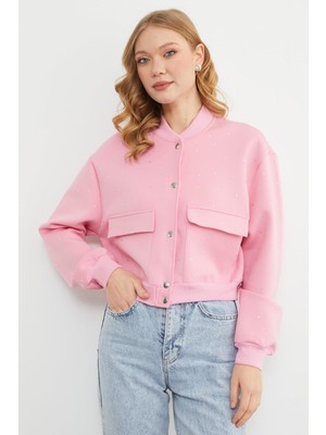 FullaModa Taş Detaylı Çıtçıtlı Çift Cepli Crop Ceket