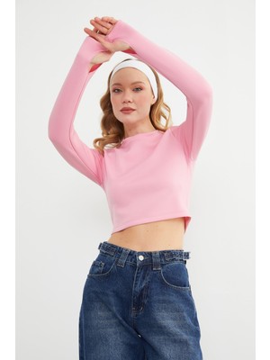 FullaModa Basic Bisiklet Yaka Parmak Geçmeli Crop Bluz