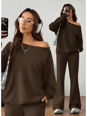 Passense Kadın Uzun Kollu Tek Omuzdan Ikmiki Iplik Bluz ve Pantolon Ikili Takım