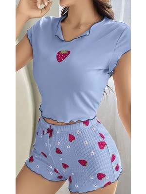 Femina Trendy Kadın Çilek Desenli Bebe Mavi Seksi Gecelik Takım 5005