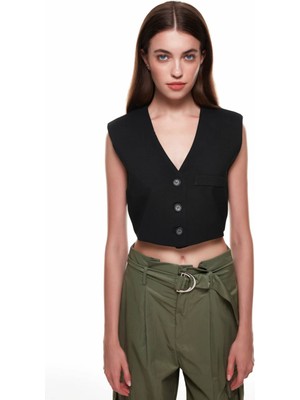 Quzu Düğme Detaylı Siyah Kadın Yelek 14157