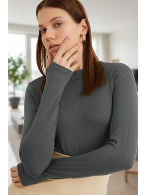 Femina Trendy Kadın Antrasit Gri Parmak Detaylı Esnek Uzun Kollu Body