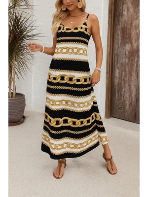 Fresco Scarfs Kadın Ip Askılı Geniş V Yakalı Desenli Süprem Elbise