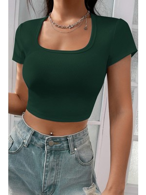 Femina Trendy Kadın Yeşil Yarım Kol Düz Yaka Crop Top Bluz
