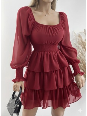 Nidam Butik Kadın Uzun Kollu Kare Yaka Beli Lastikli Volanlı Şifon Elbise