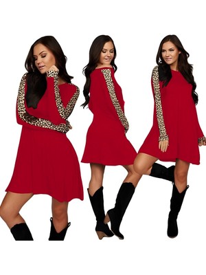 Bosel Kadın Uzun Kollu Bisiklet Yaka Kollar Leopar Detay Iki Iplik Mini Boy Elbise