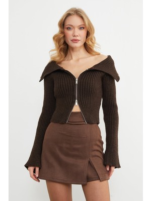 FullaModa Kol Detaylı Fermuarlı Madonna Yaka Hırka