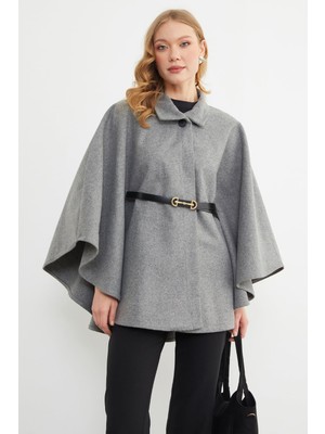 FullaModa Kemerli Polo Yaka Kaşe Panço