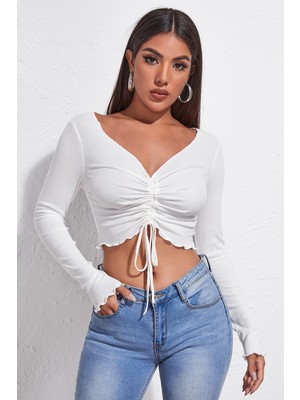 Femina Trendy Kadın Beyaz Uzun Kollu Büzdürme Bağcık Detaylı Crop Top Bluz