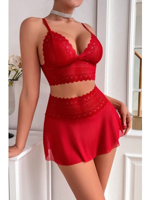 Ang Butik Kadın Kırmızı Dantel ve Tül Detaylı Etekli Şık Gecelik Takımı