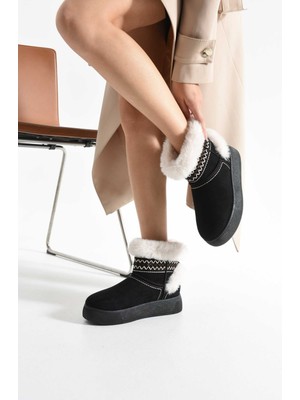 Stato 219851142-1 Kadın Yumuşak Rahat Kullanım  Kürklü Bot - Tekstil Süet Kışlık Siyah Bot