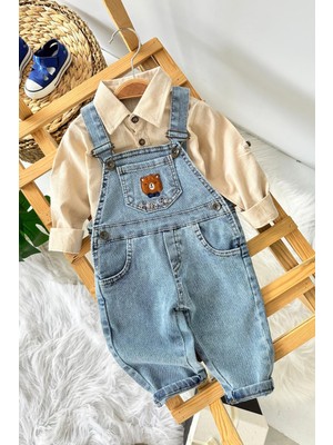 Miniğimin Cicileri Happy Bear Işleme Detaylı Erkek Bebek Salopetli Kot Takım - Kahvemavi