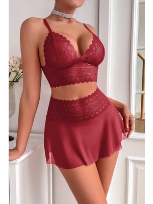 Femina Trendy Kadın Bordo Dantel ve Tül Detaylı Etekli Şık Gecelik Takımı