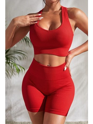 Moda Dua Kadın Kırmızı Yüksek Bel Çapraz Sırt Detaylı Şortlu Gecelik Takım