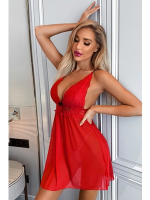 Beruflic Miss Kadın Kırmızı Dantel Detaylı Fantazi Gecelik Takım Brf