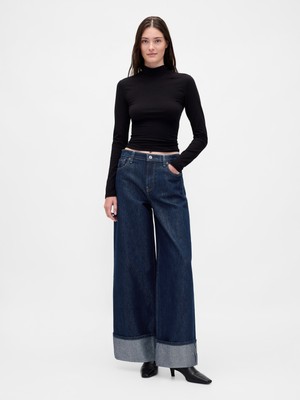Gap Kadın Koyu Mavi Mid Rise Metalik Cuffed Baggy Jean Pantolon