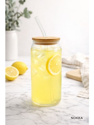 Bambu Kapaklı Pipetli Borosilikat Bardak, Kahve Bardağı, Isı Dayanıklı Bardak, 600 ml