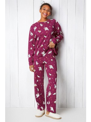 Dofi Kadın 1728 Mürdüm Pijama Takımı – Kutup Ayısı Deseni, Bisiklet Yaka, Rahat ve Modern