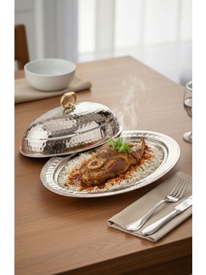 Trendüstriyel Bakır Sunumluk Kapaklı El Dövmesi Nikel Kaplamalı 25 cm