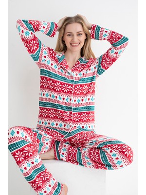 Dofi Kadın 1726 Etnik Desenli Düğmeli Pijama Takımı – Kırmızı Süpersoft Kumaş, Şık ve Konforlu