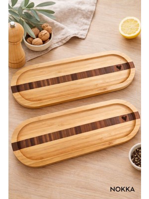 2 Adet Bambu Kalp Desenli Oval Sunum Tabağı 25,5 x 9,5 cm