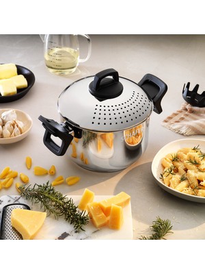 Schafer Gurme Süzgeçli Makarna Tenceresi 2 Parça Gümüş Çelik 22 cm Derin Tencere