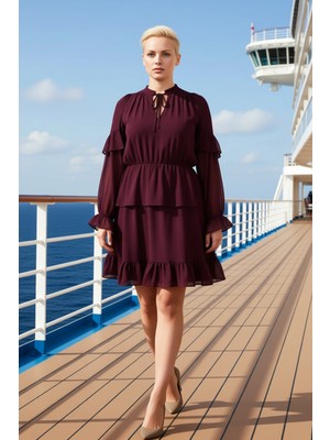 Benerly Kadın Büyük Beden Kaçık Yaka Balon Kol Mini Dokuma Elbise Fonksiyonel Dayanıklı Kaliteli Şık