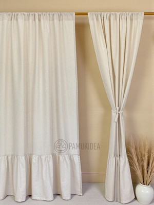 PAMUKIDEA Rustik Cepli Eteği Fırfırlı  Pamuklu Natural Buldan Keten Perde - Tek Kanat - (En x Boy)