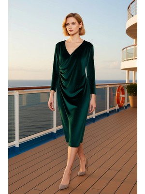 Benerly Kadın Büyük Beden V Yaka Kadife Örme Midi Boy Düz Desen Uzun Kol Elbise Fonksiyonel Modern